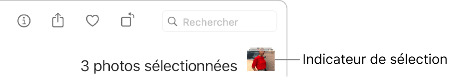 Un indicateur de sélection montrant que trois photos sont sélectionnées.
