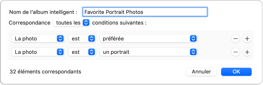 Une zone de dialogue montrant des critères pour un album intelligent qui recueille des photos en mode portrait qui ont été marquées comme favorites.