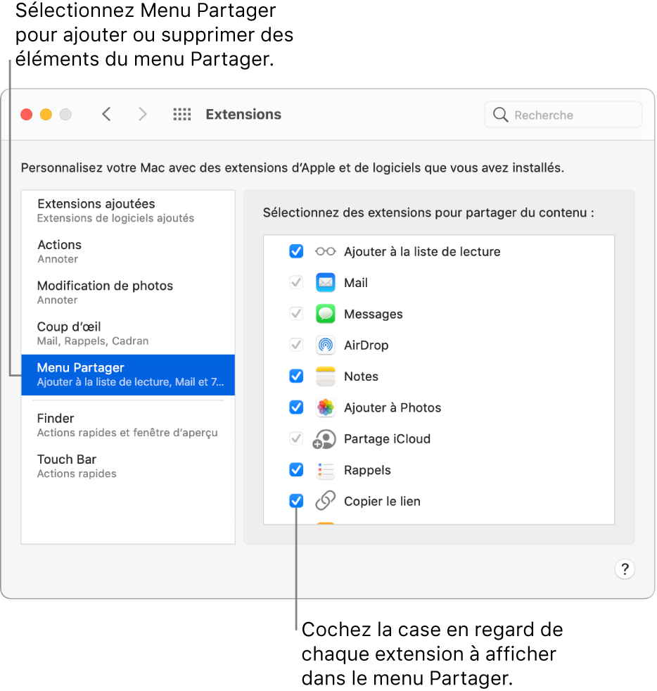 La sous-fenêtre Extensions des Préférences Système présentant l’option Menu partagé sélectionnée et une liste d’extensions tierces sur la droite.