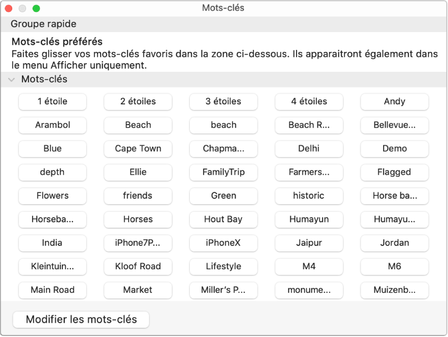 Des mots-clés dans la fenêtre « Gestionnaire de mots-clés », avec la zone « Groupe rapide » en haut et un bouton « Modifier les mots-clés » en bas à gauche.