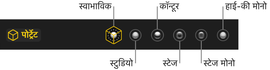 पोर्ट्रेट मोड लाइटिंग प्रभाव के विकल्प, जिसमें शामिल हैं (बाएँ से दाएँ) प्राकृतिक, स्टूडियो, कॉन्टूर, स्टेज, स्टेज मोनो और हाई-की मोनो।