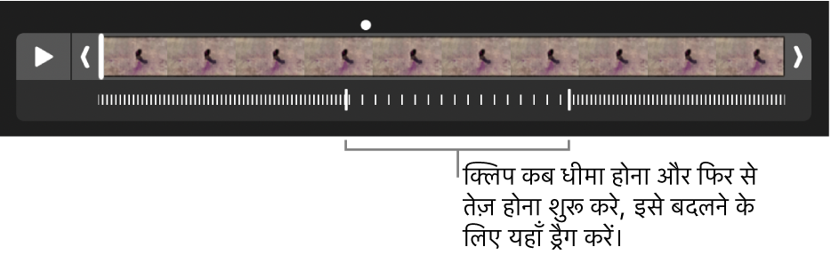 हैंडल वाला स्लो-मोशन वीडियो क्लिप जिसे आप यह बदलने के लिए ड्रैग कर सकते हैं कि वीडियो कहाँ धीमा हो और कहाँ फिर तेज़ गति से चले।