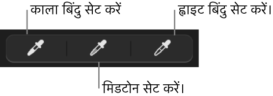 तस्वीर के ब्लैक पॉइंट, मिडटोन या ह्वाइट पॉइंट को सेट करने के लिए तीन आईड्रॉपर का उपयोग किया गया है।