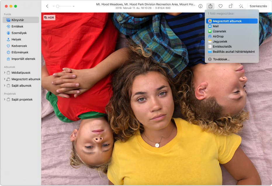 A Fotók ablakában egy fotó látható, és az eszközsor Megosztás gombja alatt ki van bontva a Megosztás menü.