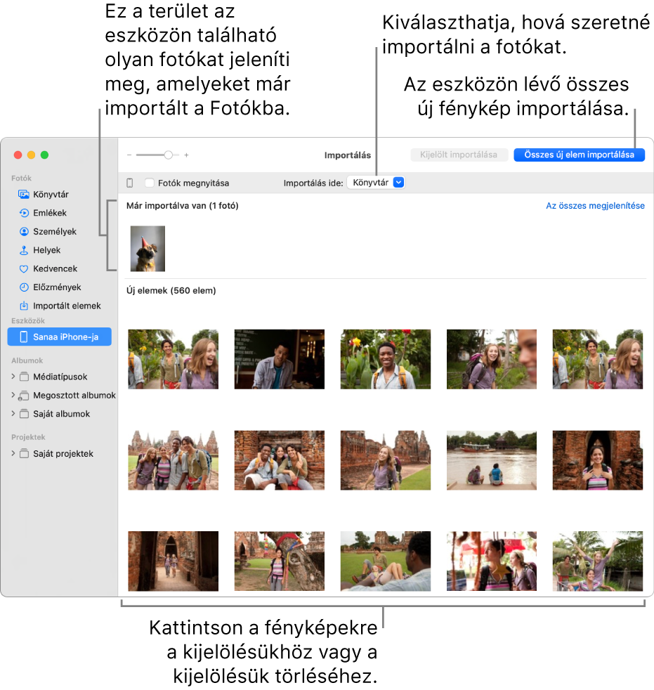 Az eszközön lévő, már importált fotók a panel tetején jelennek meg; az új fotók az alján. Fent középen található az Importálás ide felugró menü. Az Összes új elem importálása gomb jobb oldalon fent található.