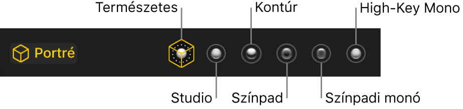 Portré-mód megvilágítási effektek, többek közt (balról jobbra) Természetes, Stúdió, Kontúr, Színpadi, Színpadi monó és High-Key monó.