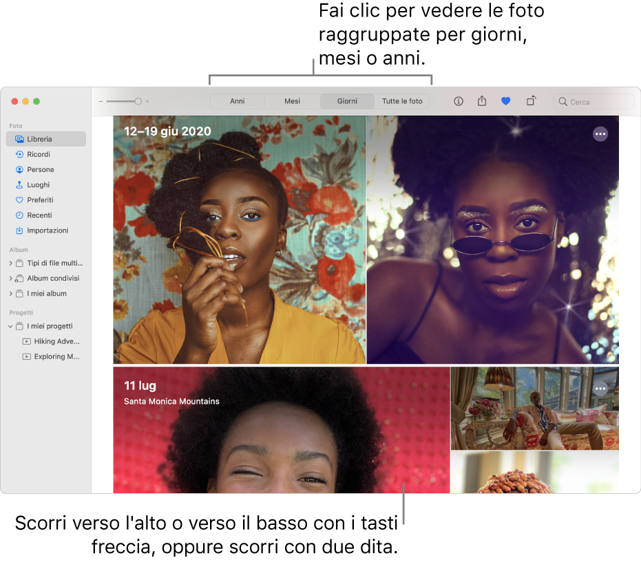 La finestra di Foto che mostra Giorni selezionato nella barra degli strumenti e le foto organizzate per data che vengono visualizzate nell'area principale della finestra.