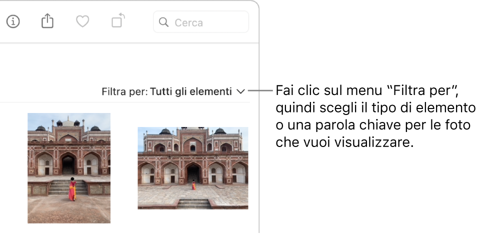 Il menu a comparsa “Filtra per” impostato per visualizzare tutti gli elementi.