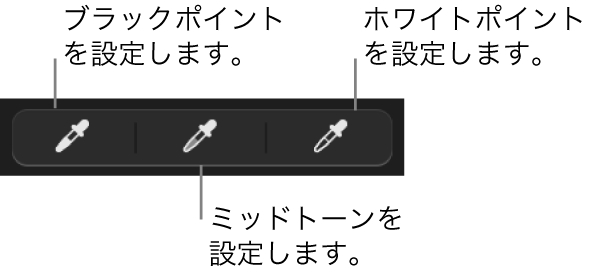 写真のブラックポイント、ミッドトーン、およびホワイトポイントを設定するために使用する3つのスポイト。