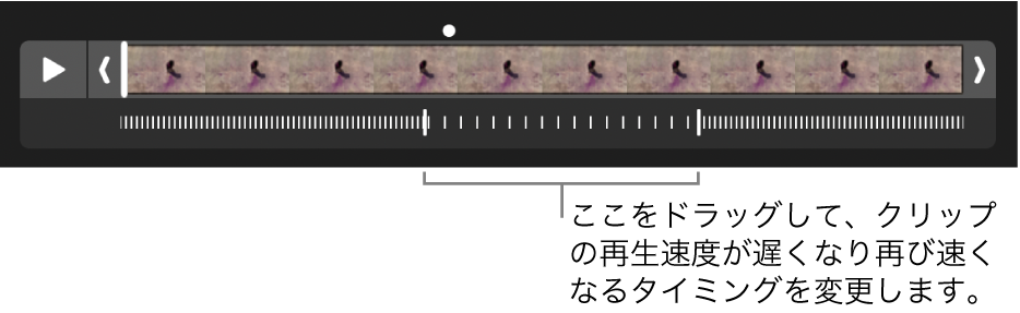 スローモーション・ビデオ・クリップ。ドラッグしてビデオの再生速度を遅くしたり再び早くしたりする場所を変更できるハンドルがあります。