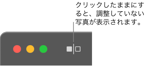 「調整なし」ボタン。ウインドウの左上隅にあるウインドウコントロールの横にあります。