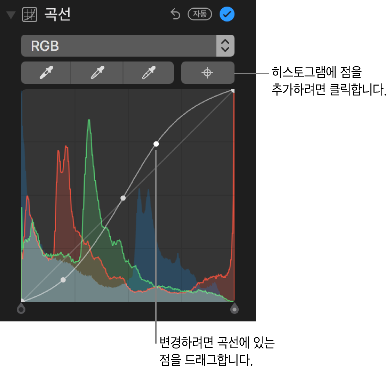 오른쪽 상단에 점 추가 버튼과 아래에 RGB 히스토그램이 표시된 조절 패널의 곡선 제어기.