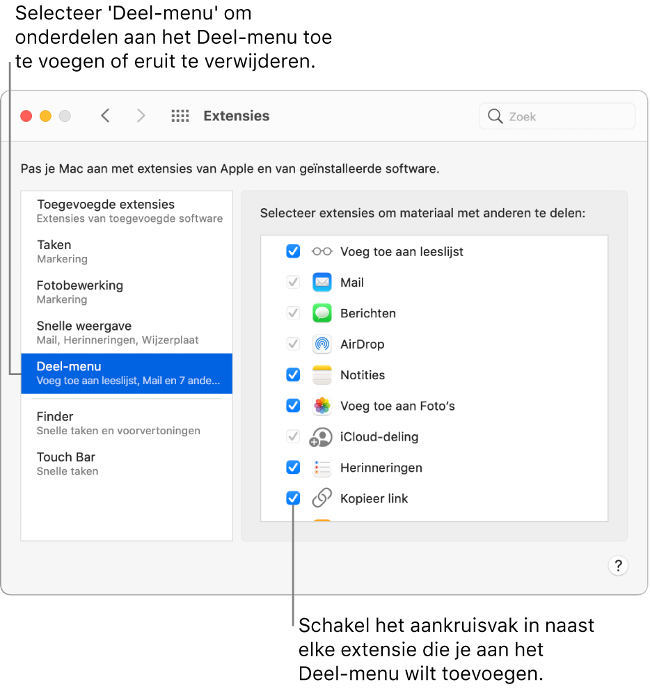 Het paneel 'Extensies' van Systeemvoorkeuren waarin het Deel-menu is geselecteerd. Rechts wordt een lijst met extensies van derden weergegeven.