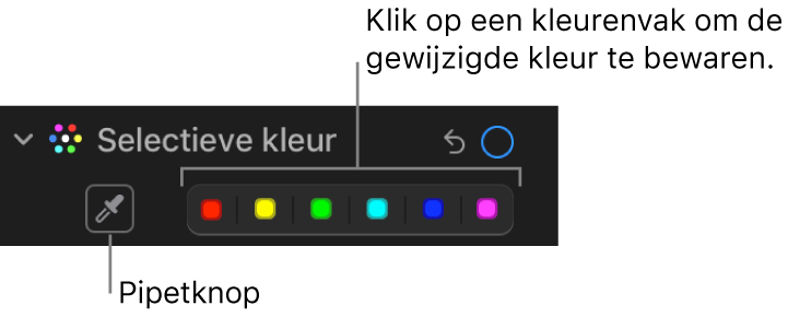 De regelaars voor 'Selectieve kleur' in het paneel 'Pas aan' met de pipetknop en de kleurenvakken.