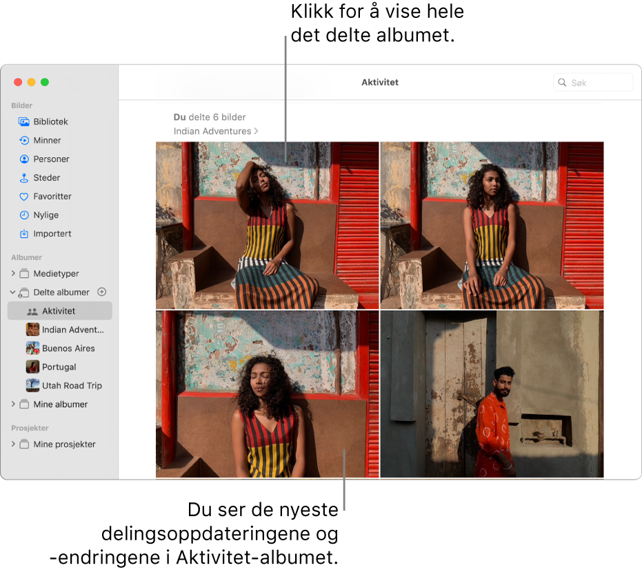 Bilder-vinduet, med Aktivitet markert i sidepanelet og Aktivitet-albumet til høyre.
