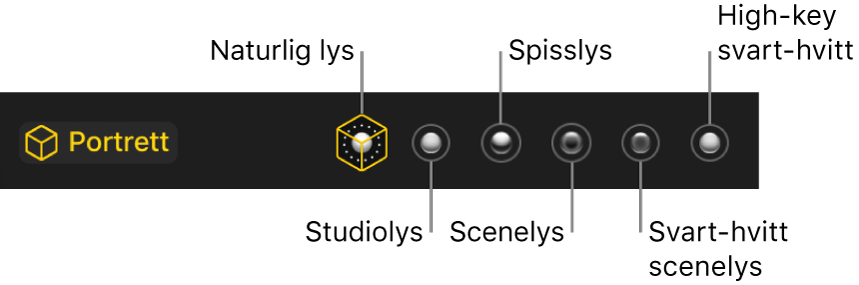 Valg for lyssettingseffekter for Portrett-modus, inkludert (fra venstre mot høyre) naturlig lys, studiolys, spisslys, scenelys, svart-hvitt scenelys og high-key svart-hvitt.