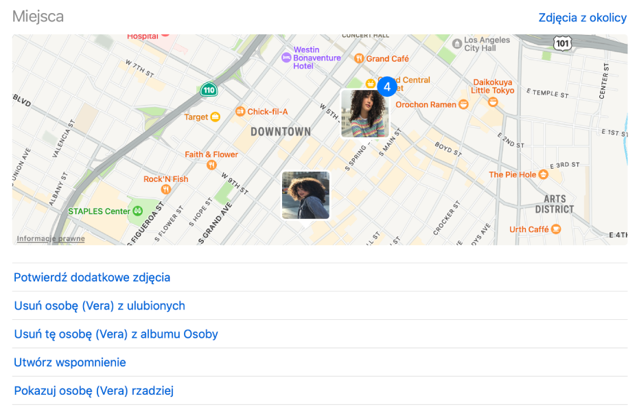 Mapa z miniaturkami pokazującymi miejsca, w których wykonano zdjęcia danej osoby. Poniżej mapy widoczne są polecenia pozwalające na zmianę ustawień widoku osób.