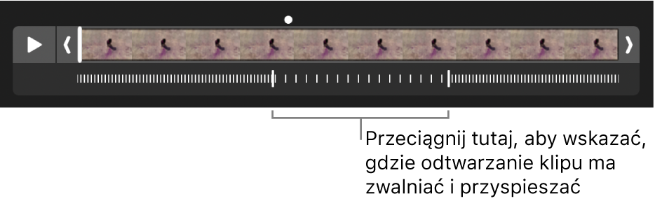 Klip wideo nagrany w zwolnionym tempie. Widoczne są uchwyty, które możesz przeciągnąć, aby zmienić miejsce zwalniania i ponownego przyspieszania odtwarzania.