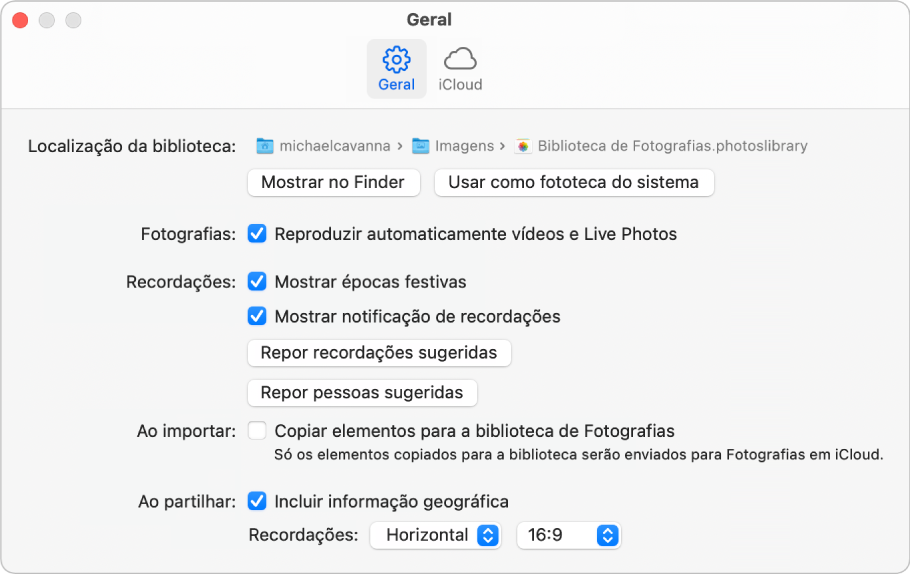 O painel Geral das preferências de Fotografias.