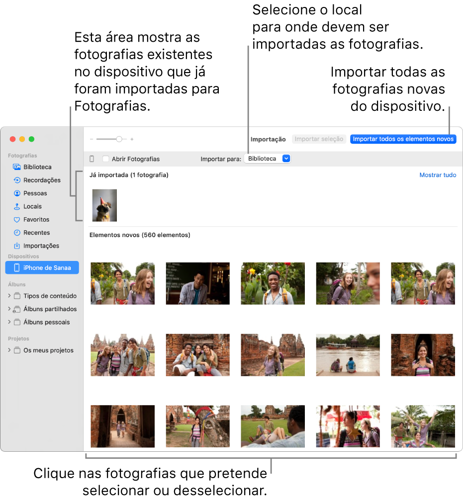 As fotografias que já foram importadas são apresentadas na parte superior do painel, e as fotografias novas na parte inferior. Na parte superior, ao centro, encontra-se o menu pop-up “Importar para”. O botão “Importar todos os elementos novos” encontra-se na parte superior direita.