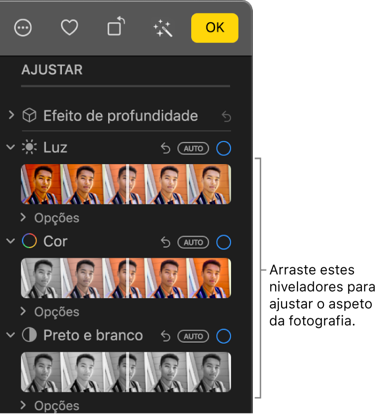 Os niveladores de Luz, Cor e “Preto e branco” no painel Ajustar. Por cima de cada nivelador aparece um botão designado Automático.