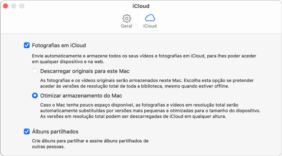 O painel iCloud das preferências de Fotografias.