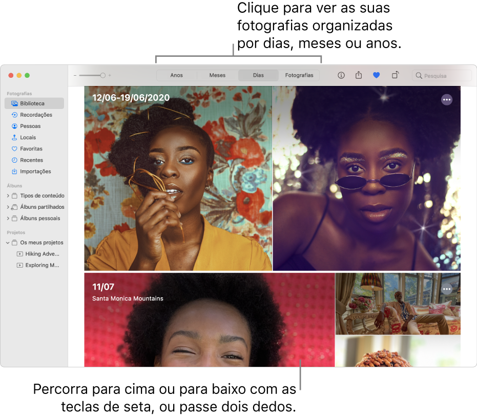 A janela da aplicação Fotografias mostra a opção “Dias” selecionada na barra de ferramentas e as fotografias organizadas por data aparecem na área principal da janela.