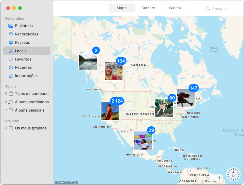 A janela de Fotografias a mostrar um mapa com miniaturas de fotografias agrupadas segundo a localização.