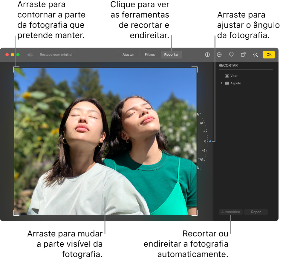 Uma fotografia na vista de edição com a opção Recortar selecionada na barra de ferramentas, um retângulo de seleção ao redor da fotografia, uma roda de inclinação à direita da fotografia e um botão Automático na parte inferior direita.