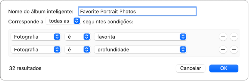 Uma caixa de diálogo a mostrar os critérios para um álbum inteligente que reúna fotografias com efeito de profundidade que tenham sido marcadas como favoritas.