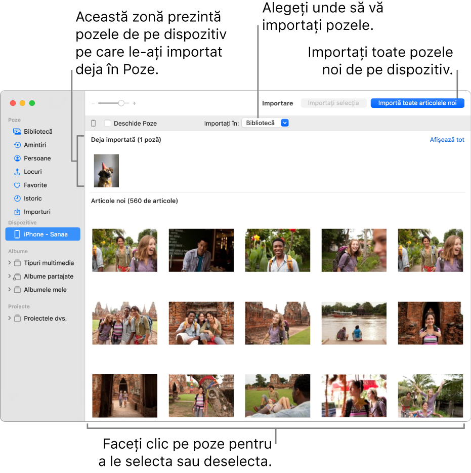 Pozele de pe dispozitiv pe care le‑ați importat deja sunt afișate în partea de sus a panoului; pozele noi sunt în partea de jos. Sus, în mijloc, se află meniul pop‑up “Importă în”. Butonul Importă toate articolele noi se află în dreapta sus.