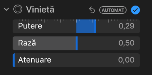 Comenzile Vinietă din panoul Ajustare afișând glisoarele Putere, Rază și Atenuare.