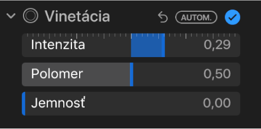 Ovládacie prvky Vinetácia na paneli Úpravy zobrazujúce posuvníky Sila, Polomer a Mäkkosť.