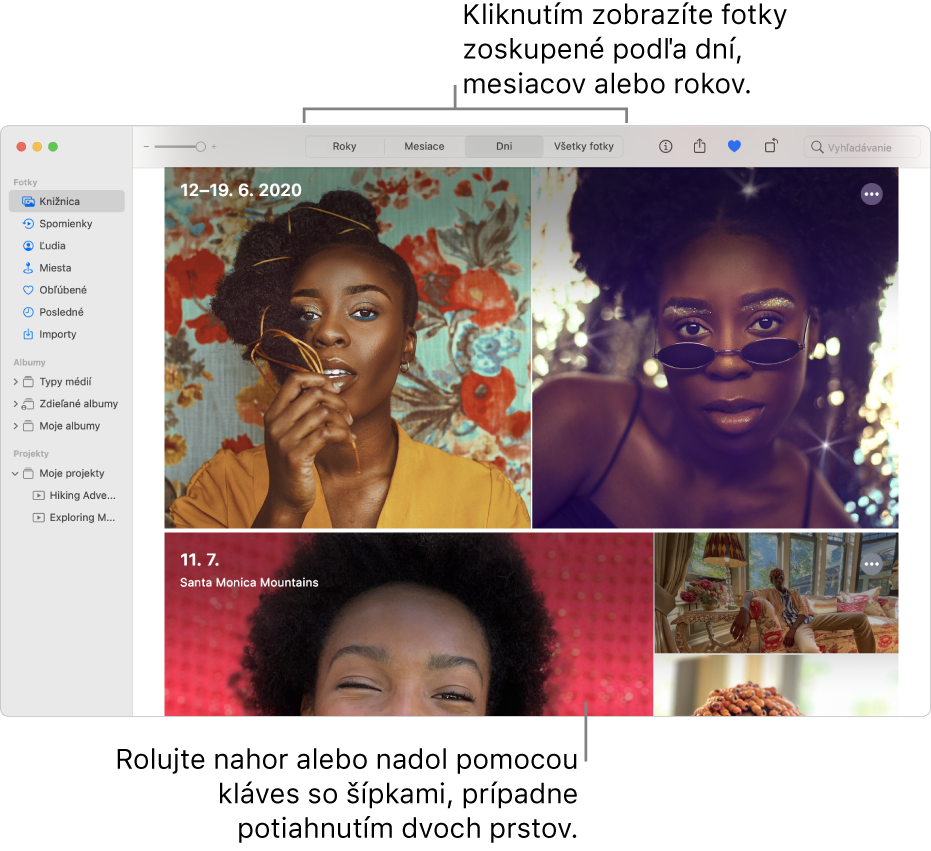 Okno apky Fotky zobrazujúce možnosť Dni, ktorá je vybratá v paneli s nástrojmi a fotky usporiadané podľa dátumu sa zobrazujú v hlavnej oblasti okna.