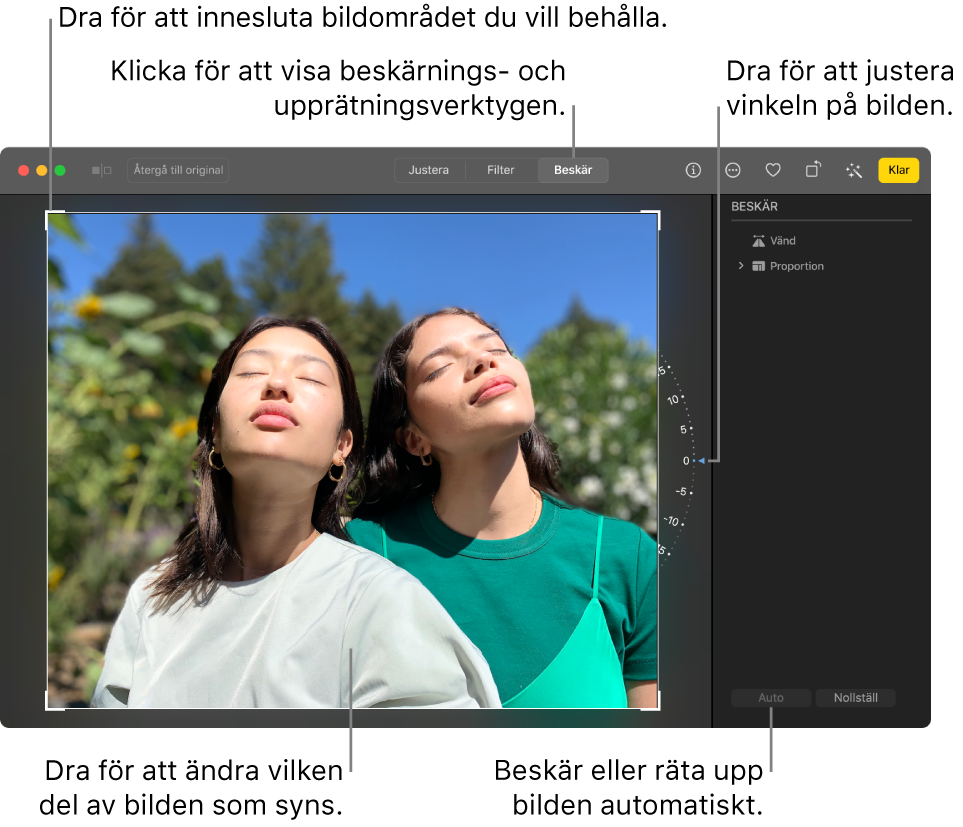 En bild i redigeringsvyn där Beskär är markerat i verktygsfältet och det finns en markeringsruta runt bilden, ett vridreglage till höger om bilden och en Auto-knapp längst ned till höger.
