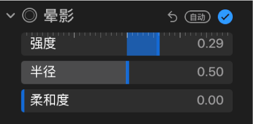 “调整”面板中的“晕影”控制，显示“强度”、“半径”和“柔和度”滑块。