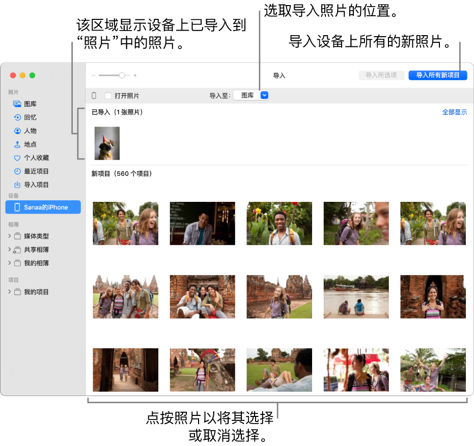 已经导入设备中的照片显示在面板的顶部；新照片显示在底部。中间顶部是“导入到”弹出式菜单。右上方是“导入所有新项目”按钮。