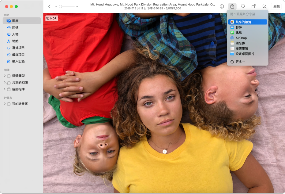 「照片」視窗顯示一張照片，「分享」選單在工具列中的「分享」按鈕底下打開。