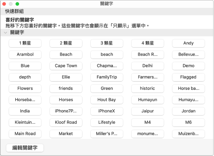 關鍵字在「關鍵字管理程式」視窗中，「快速群組」區域在最上方，「編輯關鍵字」按鈕在左下角。