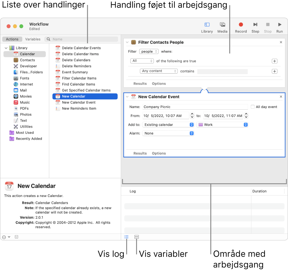 Automator-vinduet. Biblioteket vises helt til venstre og indeholder en liste over apps, som Automator har handlinger til. Appen Kalender er valgt på listen, og de tilgængelige handlinger i Kalender vises i kolonnen til højre. I højre side af vinduet er en arbejdsgang, der har fået tilføjet en Kalenderhandling.