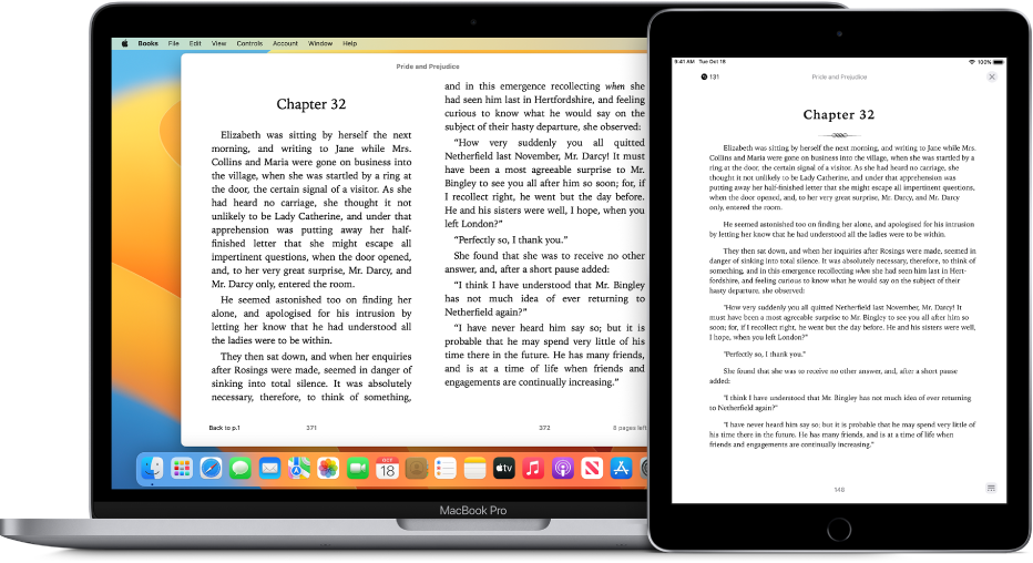 كتاب مفتوح على نفس الصفحة في تطبيق الكتب على جهاز iPad وكمبيوتر Mac.