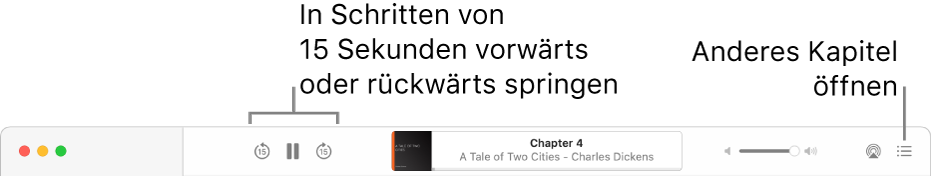 Der Hörbuch-Player in Apple Books mit (von links nach rechts) der Taste „Wiedergabetempo“, den Tasten „Vorspringen“ und „Zurückspringen“, dem Titel und Autor des gerade wiedergegebenen Hörbuchs, dem Lautstärkeregler und der Taste „Inhaltsverzeichnis“.