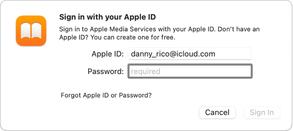 El cuadro de diálogo para iniciar sesión en Apple Books usando un Apple ID y contraseña.