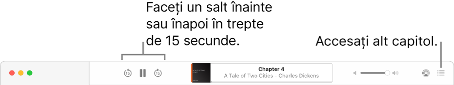 Playerul pentru cărți audio din aplicația Cărți afișează, de la stânga la dreapta, butoanele Viteză de redare, Salt înainte și Salt înapoi, titlul și autorul cărții audio aflate în redare, glisorul Volum și butonul Tablă de materii.