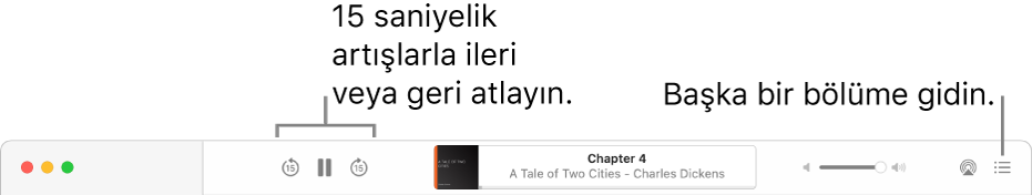 Kitaplar’da, soldan sağa doğru Çalma Hızı düğmesini, İleriye Doğru Atla ve Geriye Doğru Atla düğmelerini, o anda çalan sesli kitabın adını ve yazarını, Ses Yüksekliği sürgüsünü ve İçindekiler düğmesini gösteren sesli kitap çalar.