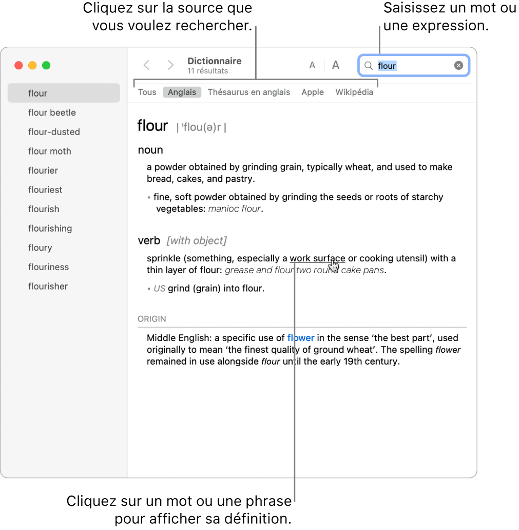 Fenêtre Dictionnaire complète affichant une définition. Cliquez sur un mot ou une phrase dans une définition pour afficher sa définition. Pour sélectionner une source à rechercher, cliquez sur son nom dans la barre des sources, sous la barre d’outils. Saisissez un mot ou une expression dans le champ de recherche.