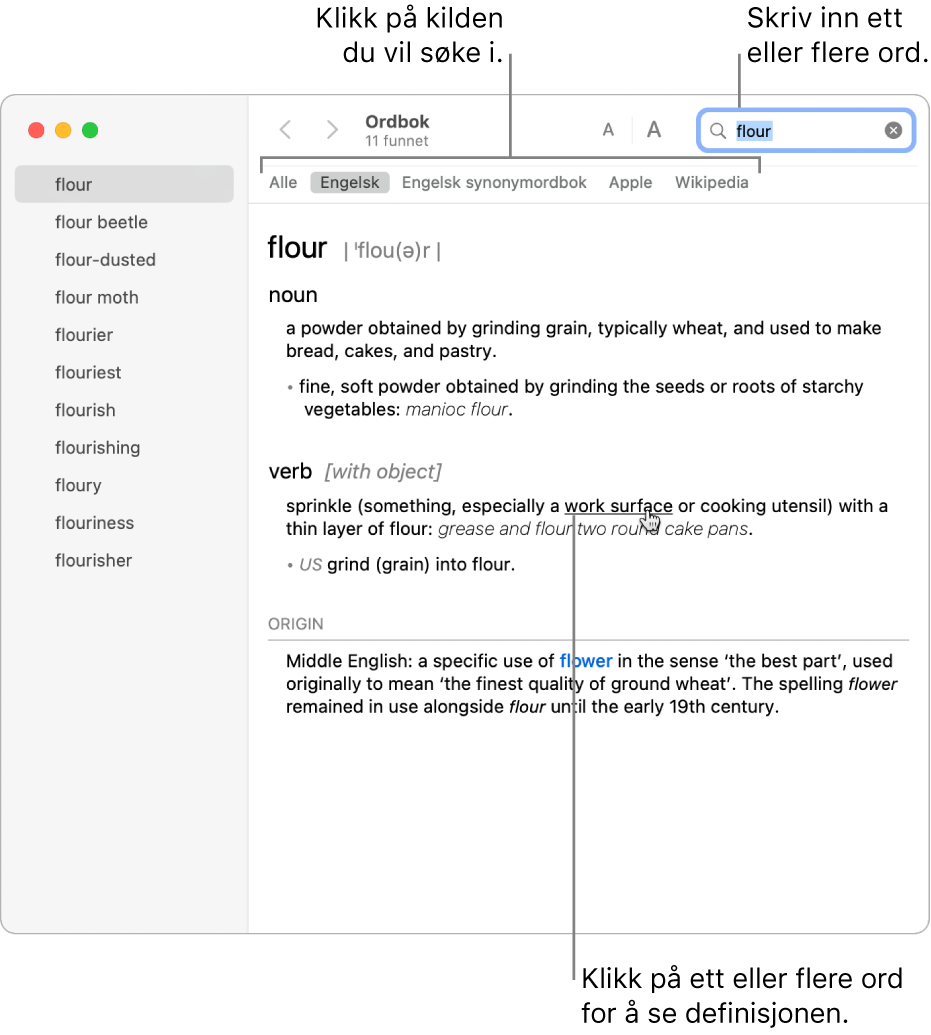Ordbok-vinduet som viser en definisjon. Klikk på et ord eller en frase i definisjonen for å se definisjonen av ordet eller frasen. Du kan velge kilden du vil søke i, ved å klikke på navnet i kildelinjen nedenfor verktøylinjen. Skriv inn et ord eller uttrykk i søkefeltet.