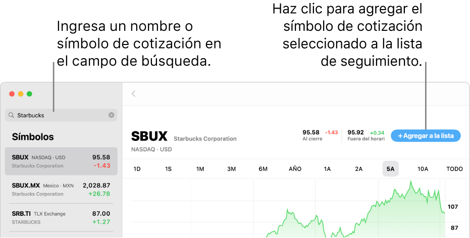 Una ventana de la app Bolsa mostrando el campo de búsqueda, una lista con los resultados de una búsqueda, y el botón “Agregar a la lista”.