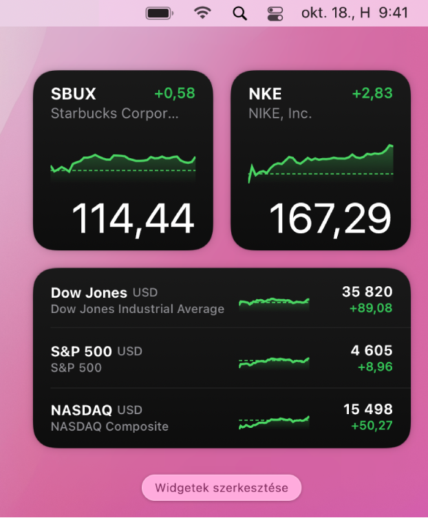 Három Részvények-widget.