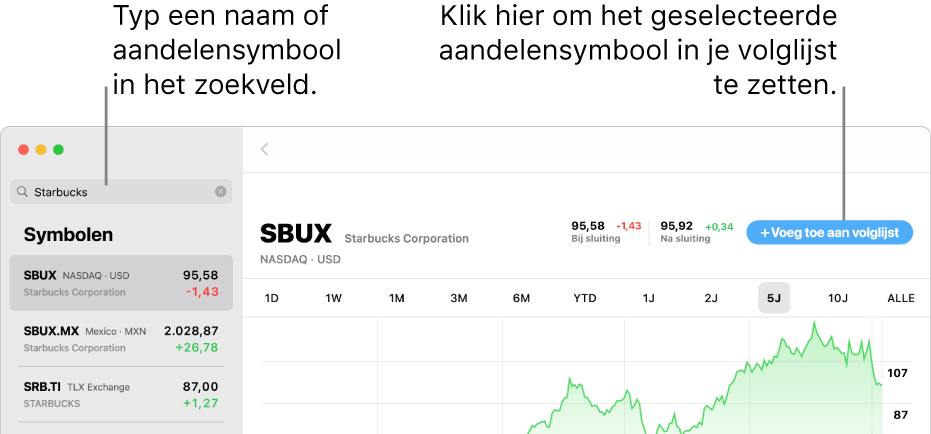 Een Aandelen-scherm met het zoekveld, een lijst met zoekresultaten en de knop 'Voeg toe aan volglijst'.